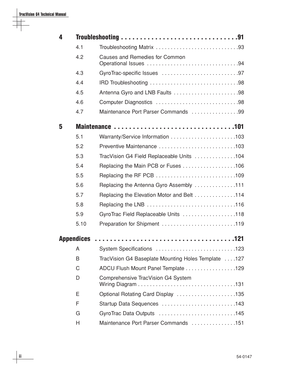 4troubleshooting, 5maintenance, Appendices | KVH Industries KVHTRACVISION G4 User Manual | Page 15 / 164