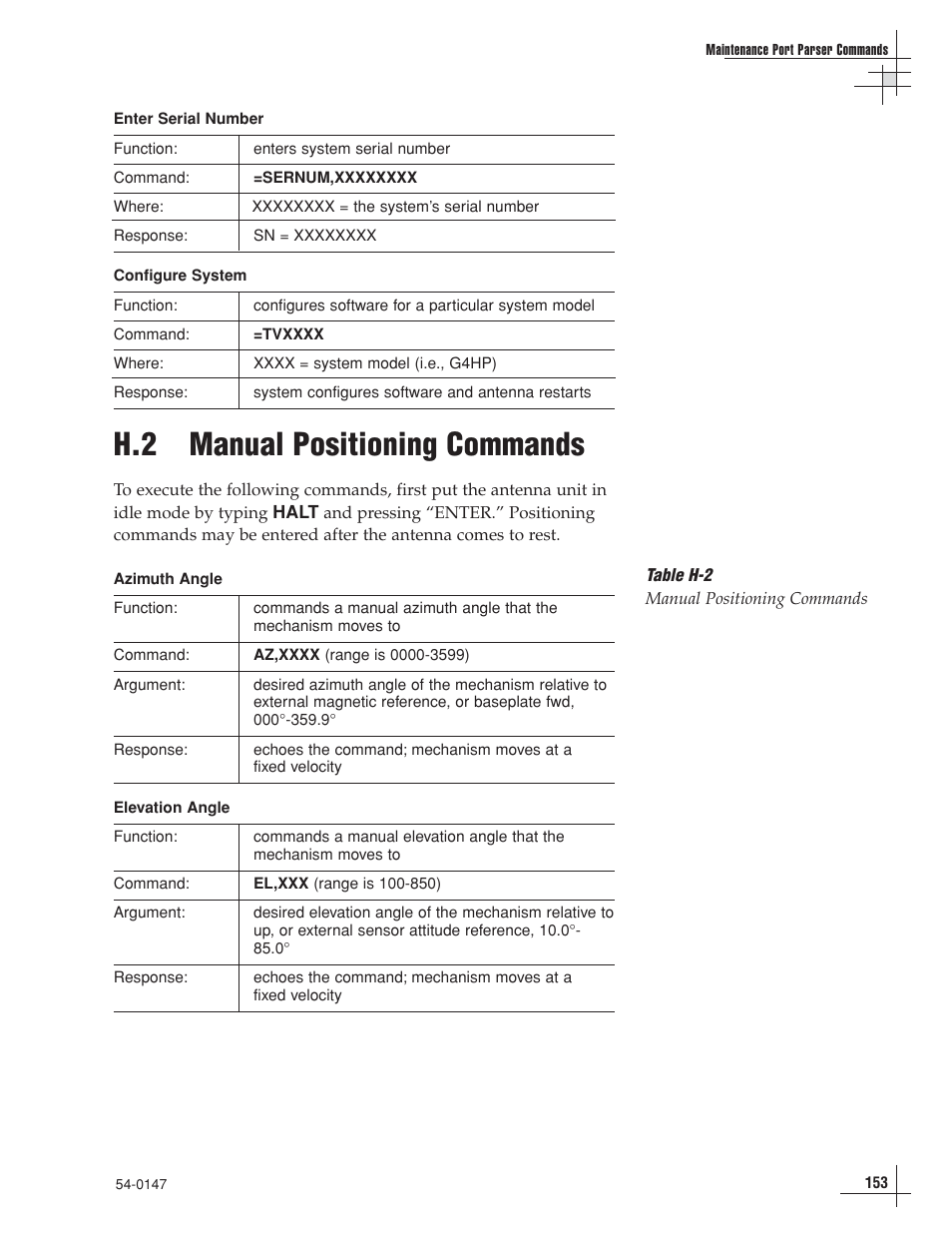 H.2 manual positioning commands | KVH Industries KVHTRACVISION G4 User Manual | Page 153 / 164