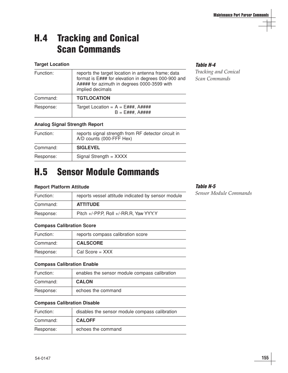 H.4 tracking and conical scan commands, H.5 sensor module commands | KVH Industries KVHTRACVISION G4 User Manual | Page 155 / 164