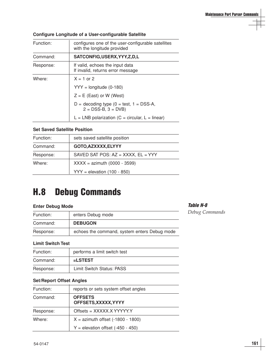 H.8 debug commands | KVH Industries KVHTRACVISION G4 User Manual | Page 161 / 164