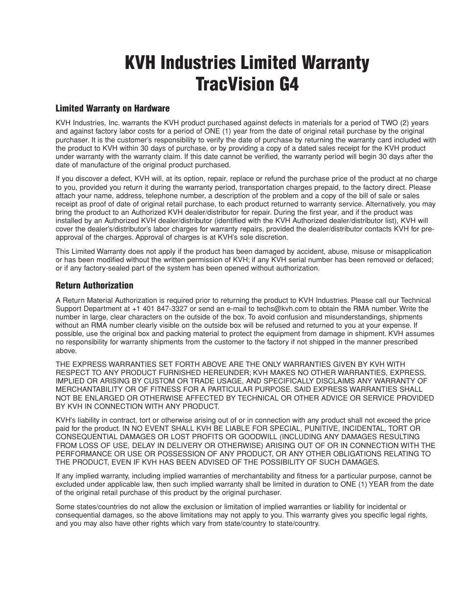 Kvh industries limited warranty tracvision g4 | KVH Industries KVHTRACVISION G4 User Manual | Page 163 / 164