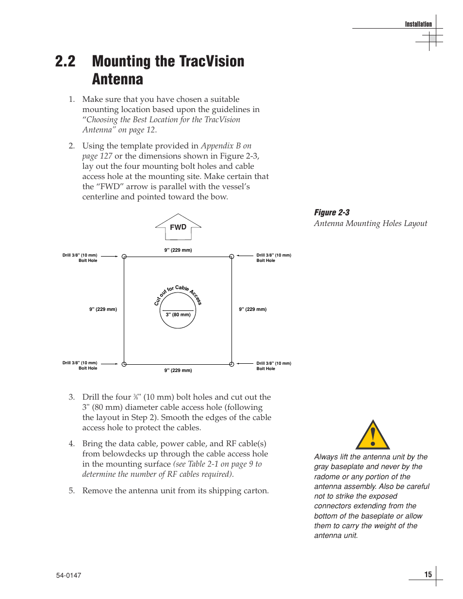 2 - mounting the tracvision antenna, 2 mounting the tracvision antenna, Figure 2-3 antenna mounting holes layout | KVH Industries KVHTRACVISION G4 User Manual | Page 28 / 164