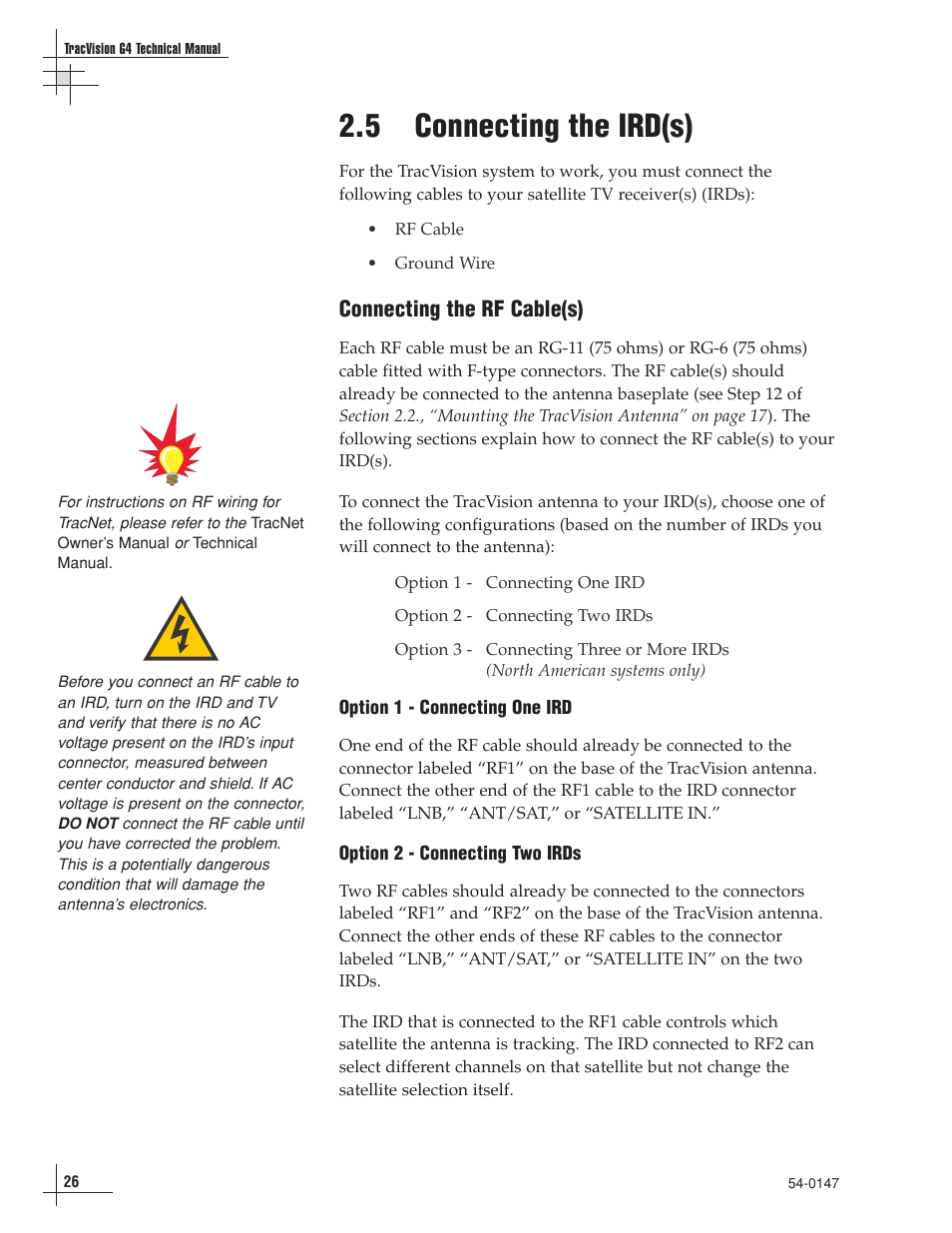 5 - connecting the ird(s), 5 connecting the ird(s), Connecting the rf cable(s) | KVH Industries KVHTRACVISION G4 User Manual | Page 39 / 164