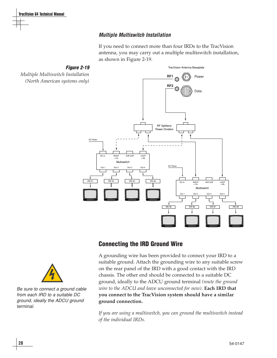 Connecting the ird ground wire, Multiple multiswitch installation, 28 tracvision g4 technical manual | KVH Industries KVHTRACVISION G4 User Manual | Page 41 / 164