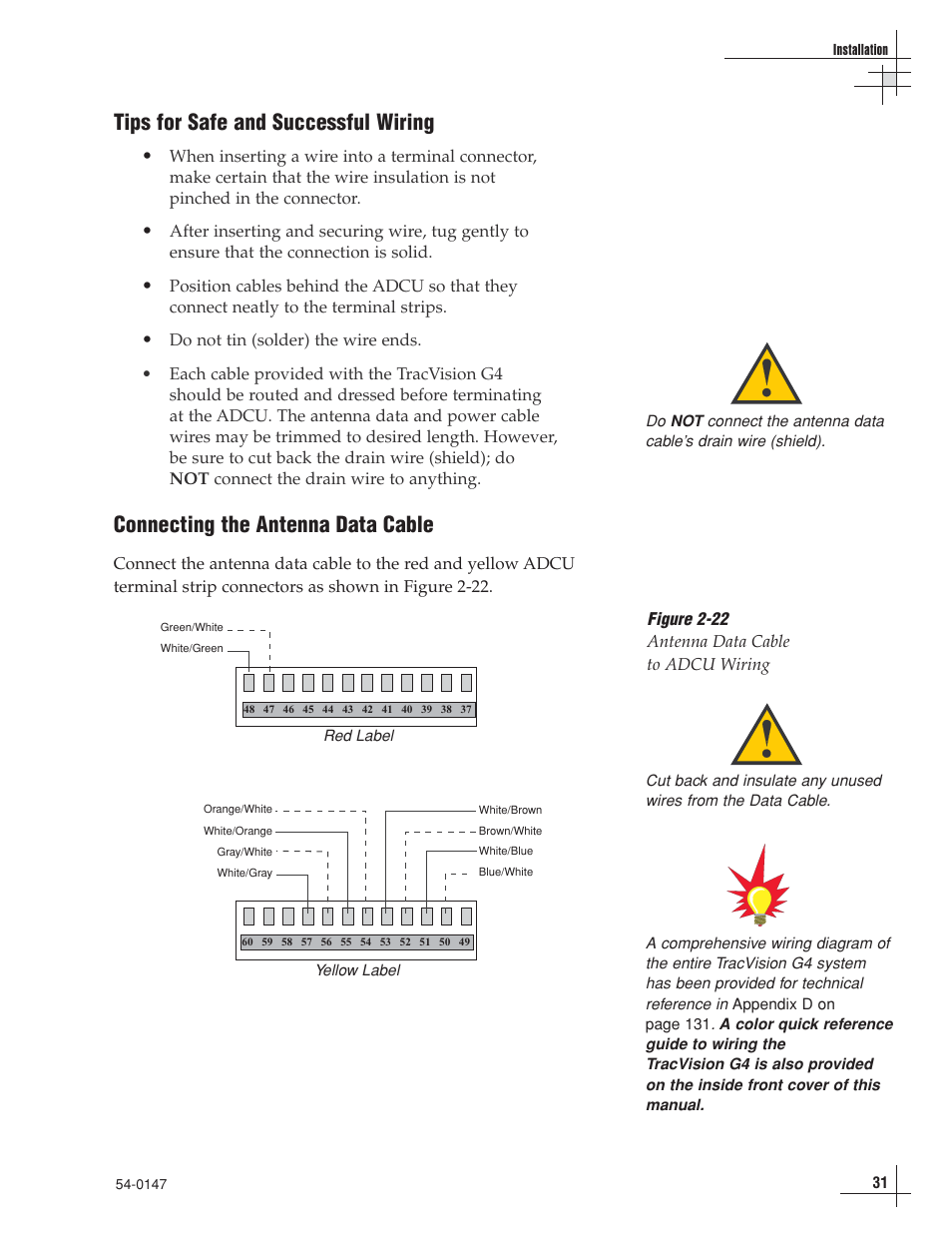 Tips for safe and successful wiring, Connecting the antenna data cable, Figure 2-22 antenna data cable to adcu wiring | KVH Industries KVHTRACVISION G4 User Manual | Page 44 / 164