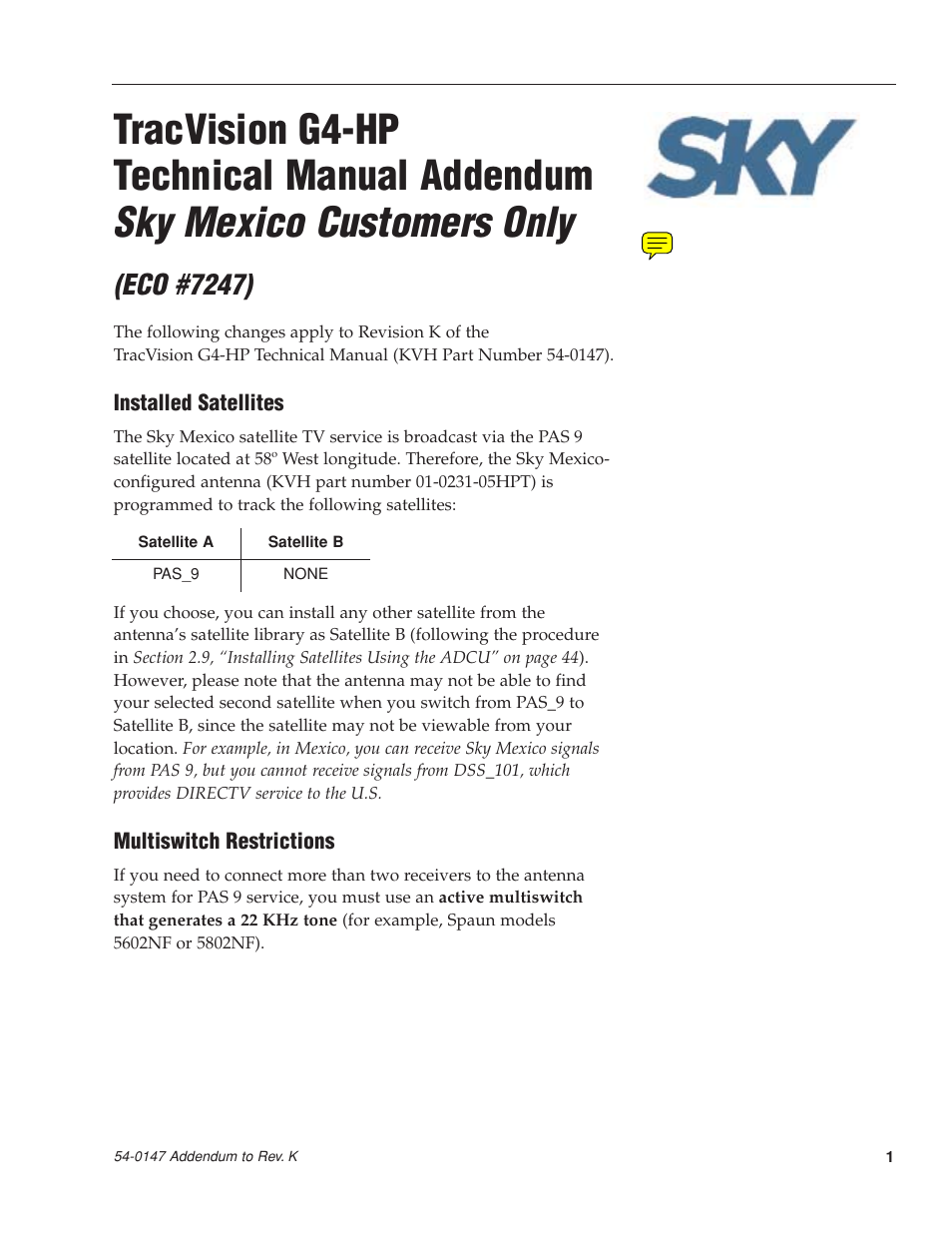 Sky mexico customers only, Tracvision g4-hp technical manual addendum, Eco #7247) | KVH Industries KVHTRACVISION G4 User Manual | Page 5 / 164