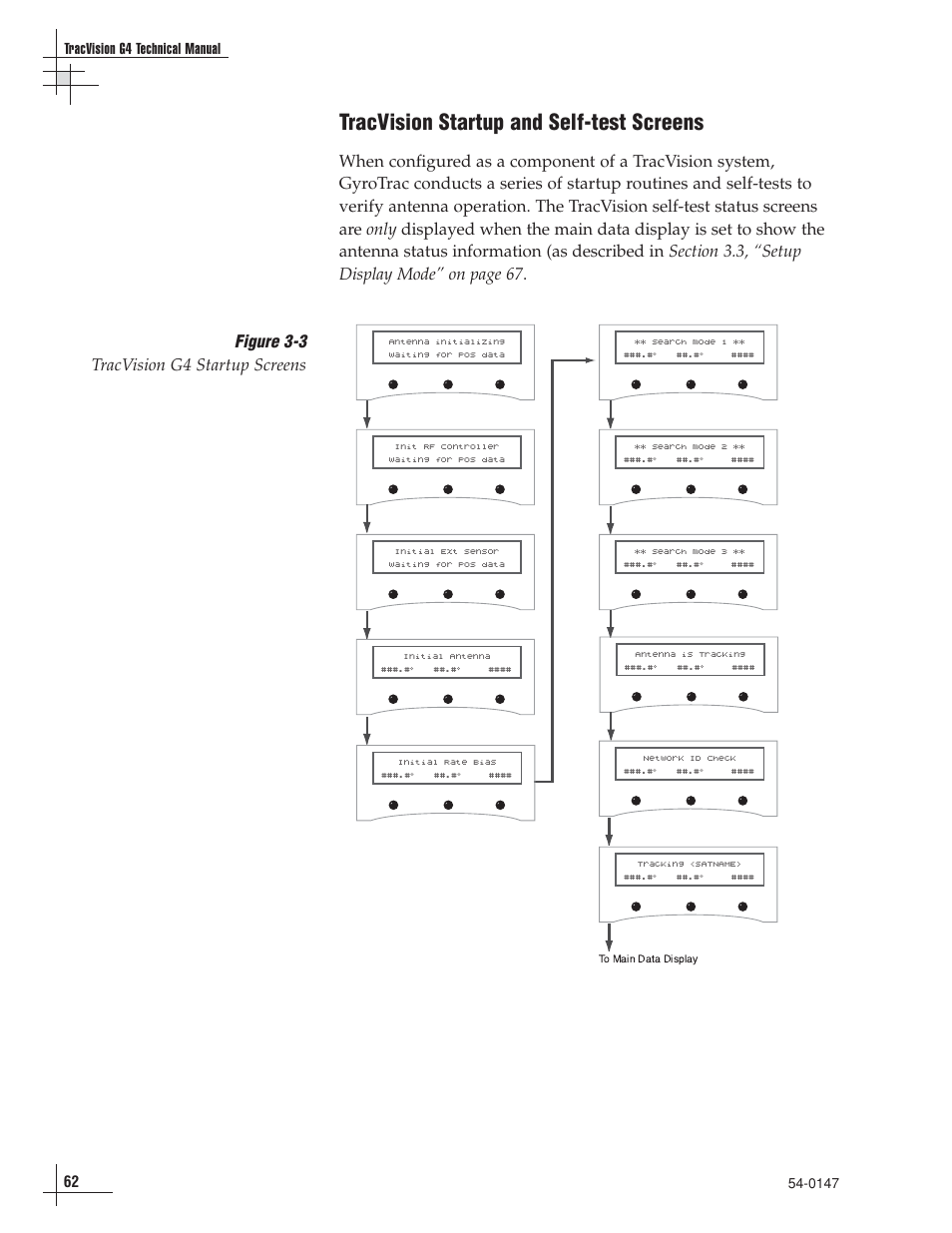 Tracvision startup and self-test screens, Figure 3-3 tracvision g4 startup screens, 62 tracvision g4 technical manual | KVH Industries KVHTRACVISION G4 User Manual | Page 73 / 164