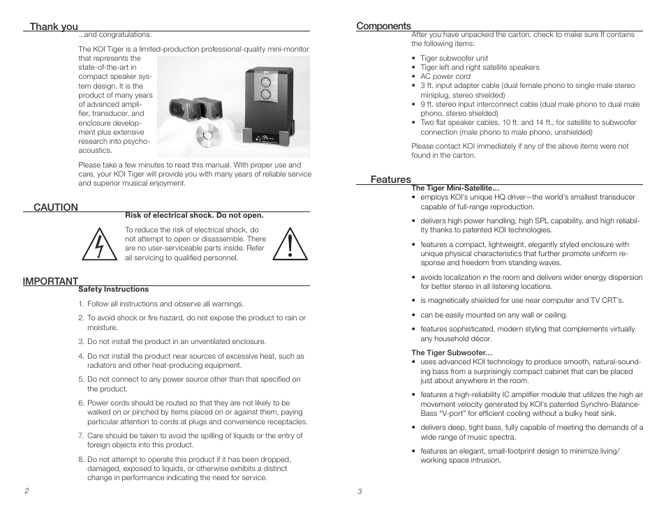 Caution important, Components, Features | KOI TIGER Professional Powered Mini-Monitor Speaker System User Manual | Page 2 / 5