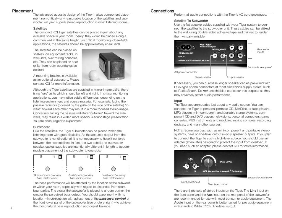 Placement, Connections | KOI TIGER Professional Powered Mini-Monitor Speaker System User Manual | Page 3 / 5