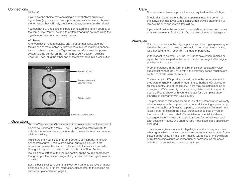 Connections, Operation warranty, Care | KOI TIGER Professional Powered Mini-Monitor Speaker System User Manual | Page 4 / 5