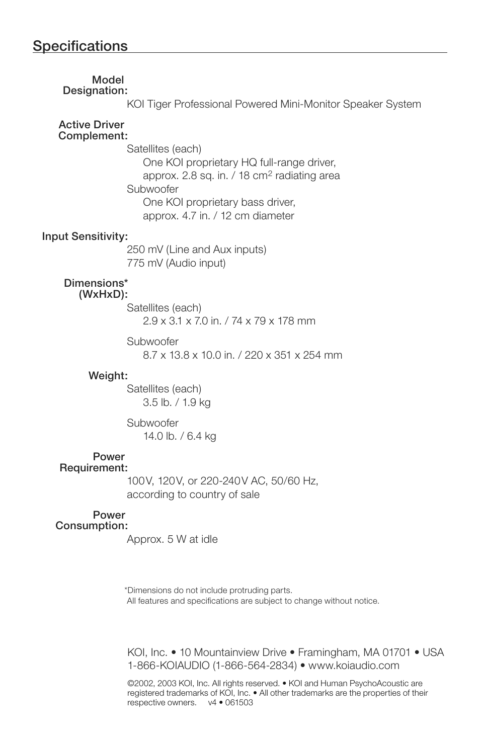 Specifi cations | KOI TIGER Professional Powered Mini-Monitor Speaker System User Manual | Page 5 / 5