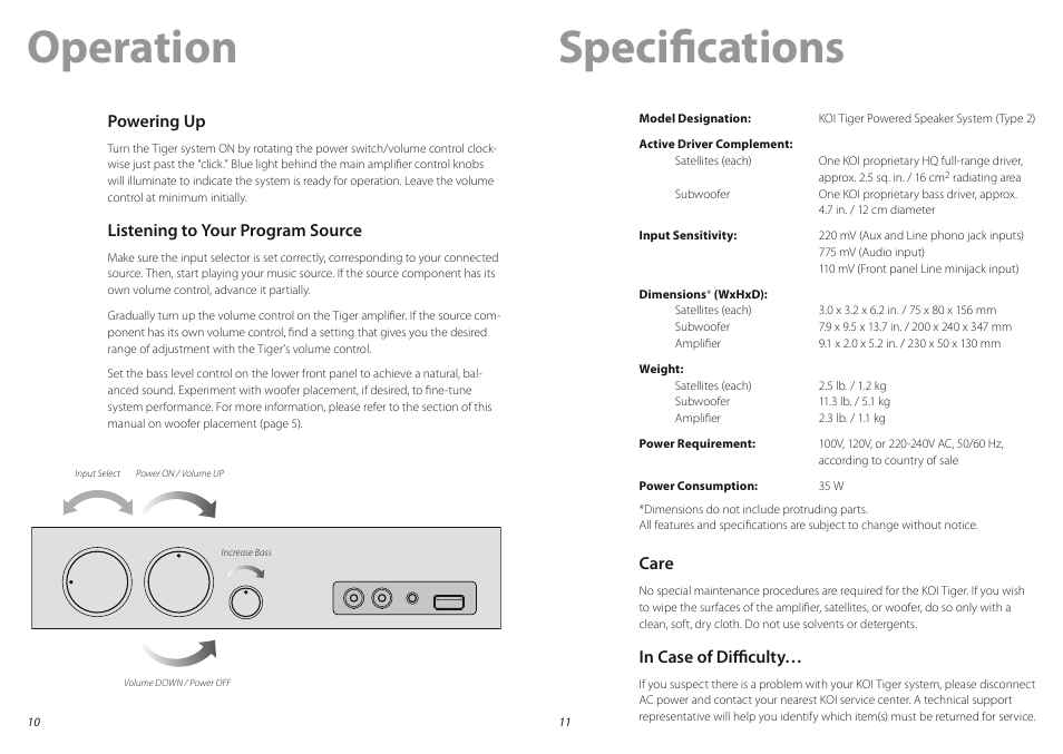 Operation specifi cations | KOI TIGER Powered Speaker System User Manual | Page 6 / 7