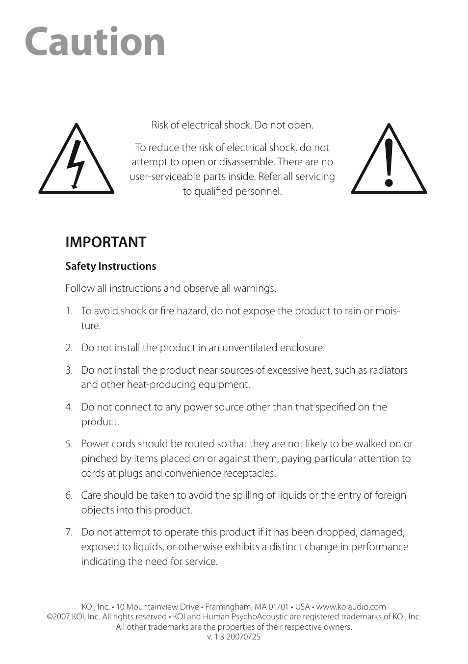 Caution | KOI TIGER Powered Speaker System User Manual | Page 7 / 7