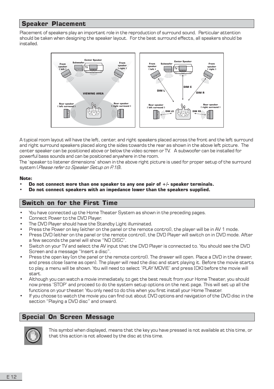 Special on screen message, Speaker placement switch on for the first time | Koss KS3101A-2 User Manual | Page 13 / 39