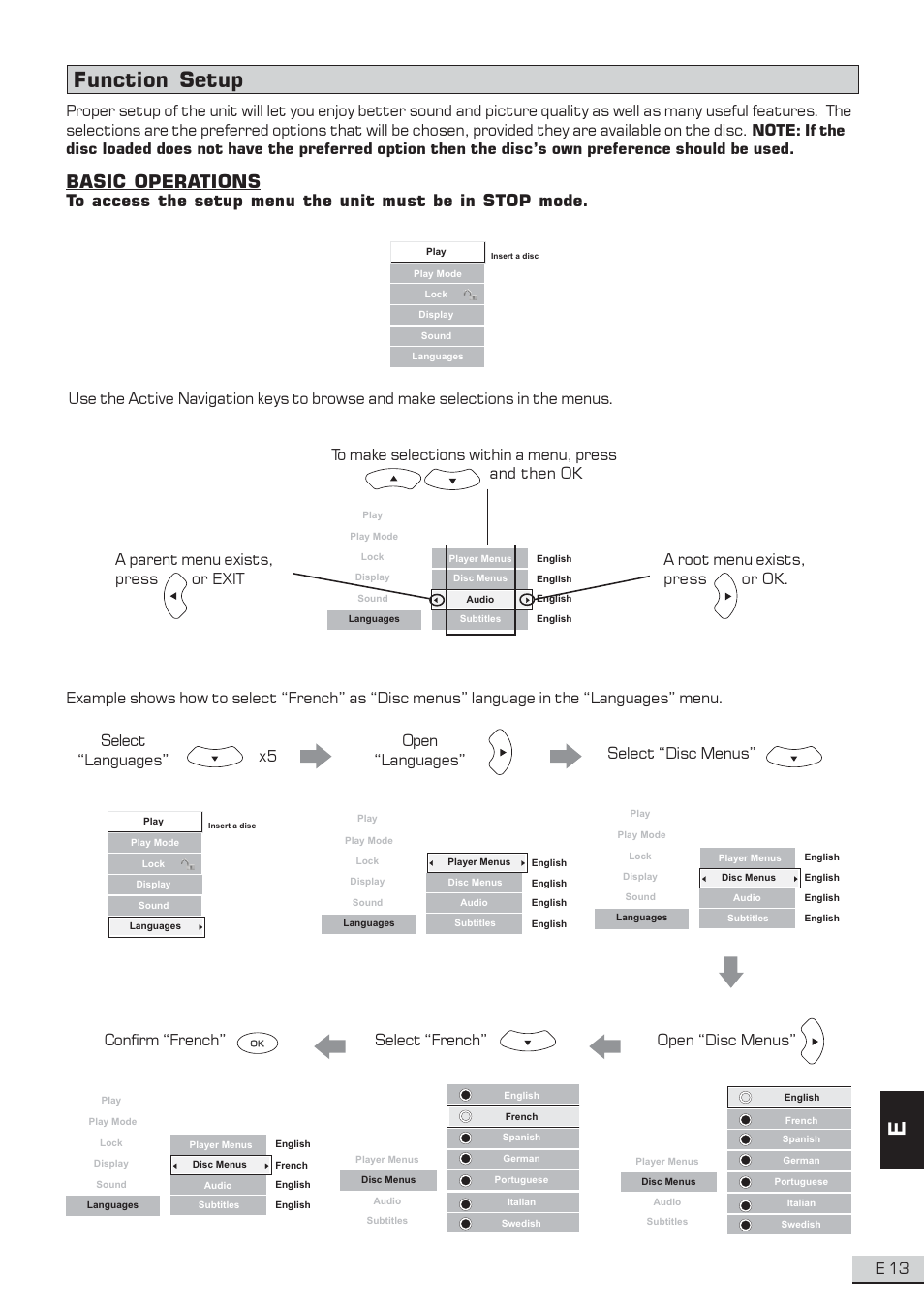 Function setup, Basic operations, E 13 | Select “french” open “disc menus” confirm “french | Koss KS3101A-2 User Manual | Page 14 / 39