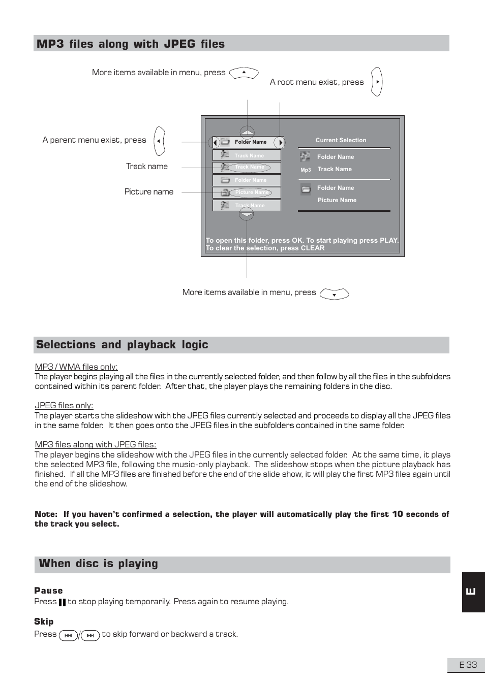 Mp3 files along with jpeg files, Selections and playback logic, When disc is playing | Koss KS3101A-2 User Manual | Page 34 / 39