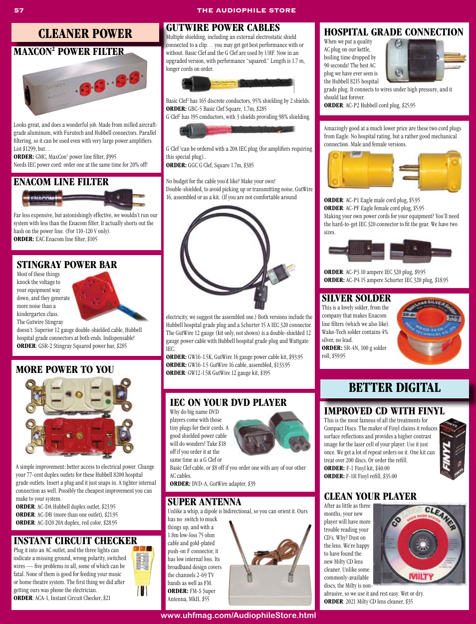 Cleaner power, Better digital, Super antenna | More power to you, Gutwire power cables, Stingray power bar, Improved cd with finyl, Clean your player, Enacom line filter, Silver solder | Koss Totem Mani-2 User Manual | Page 59 / 84