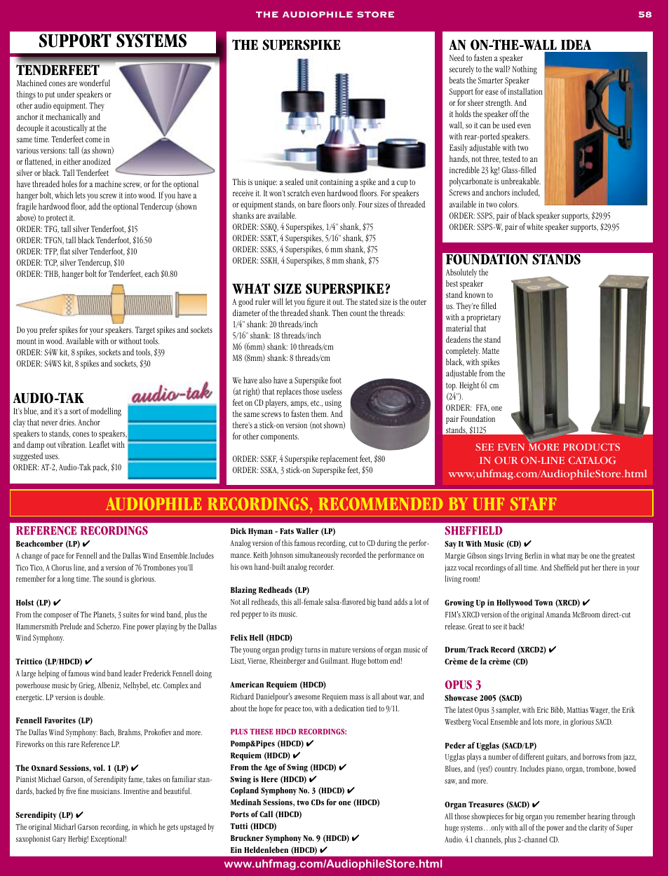 Audiophile recordings, recommended by uhf staff, Support systems, Tenderfeet | An on-the-wall idea, The superspike, What size superspike, Audio-tak, Foundation stands, Reference recordings, Sheffield | Koss Totem Mani-2 User Manual | Page 60 / 84