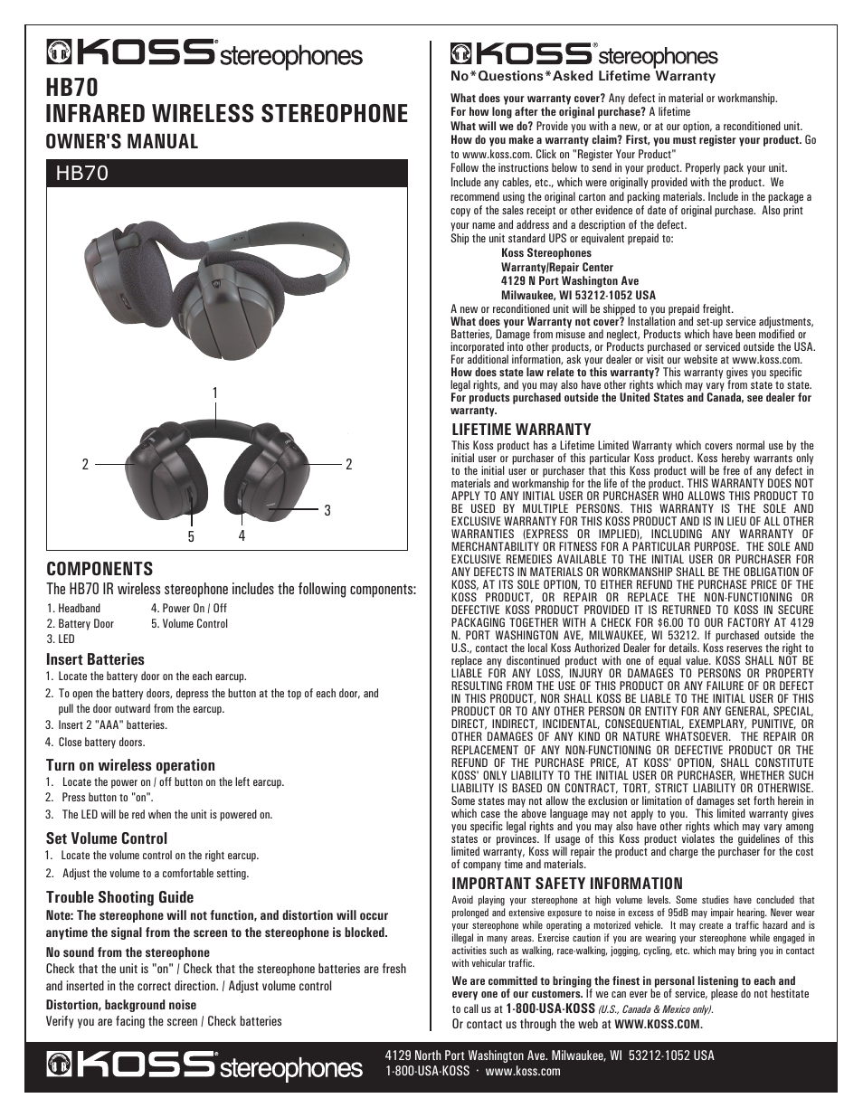 Koss HB70 User Manual | 1 page