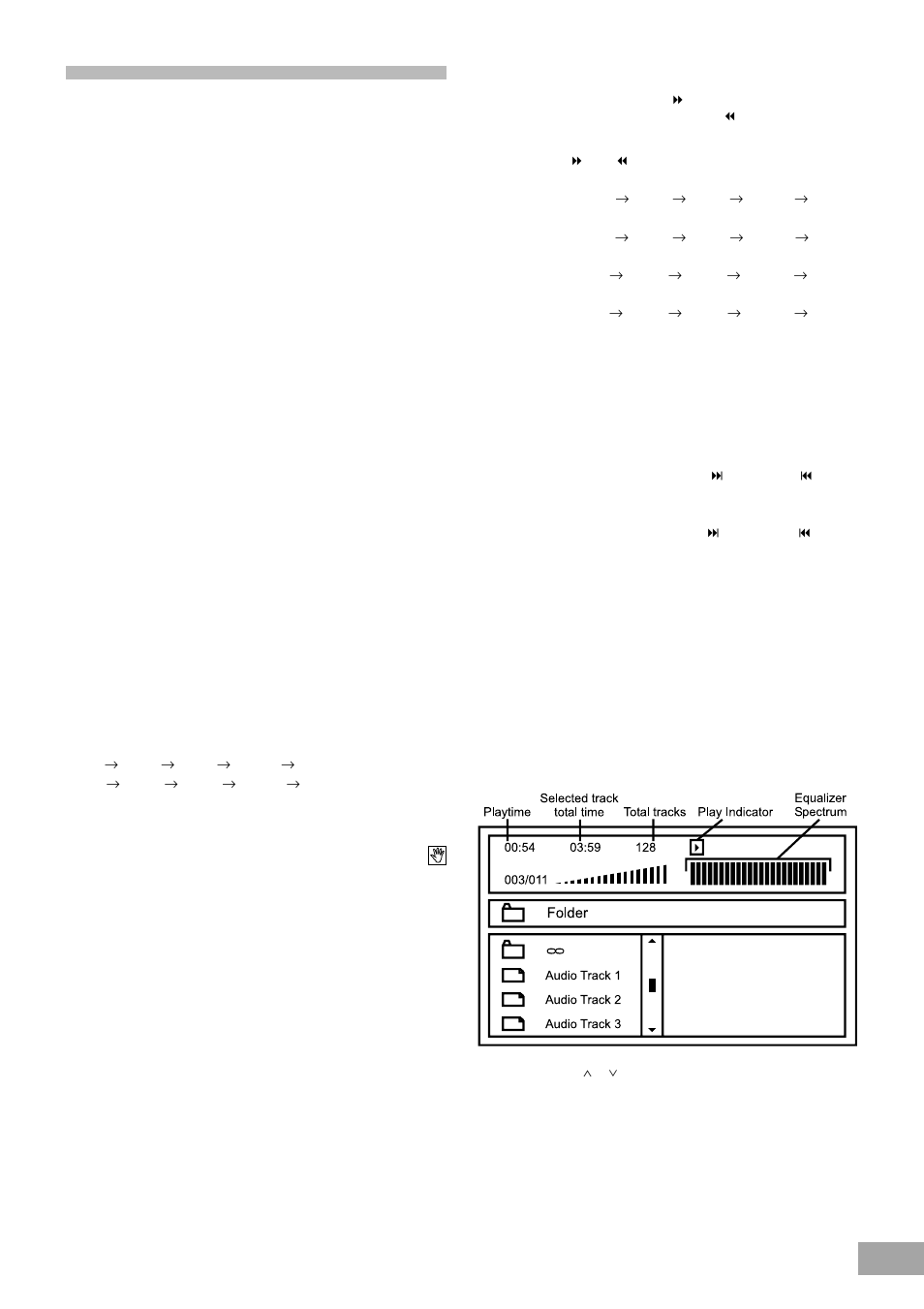 Basic playback (continued), Skipping chapter or tracks, Mp3 basic operations | Slow motion playback (dvd disc only), Frame by frame advance (‘step’ function), High-speed search (fast forward or fast reverse) | Koss KS4380-2 User Manual | Page 22 / 49