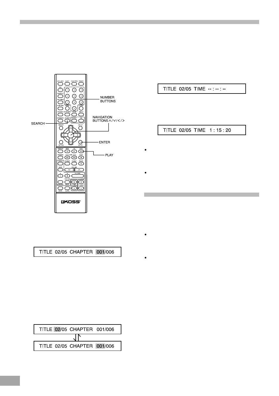 Selecting a cd track using number buttons, Selecting a start point by chapter or time code | Koss KS4380-2 User Manual | Page 27 / 49
