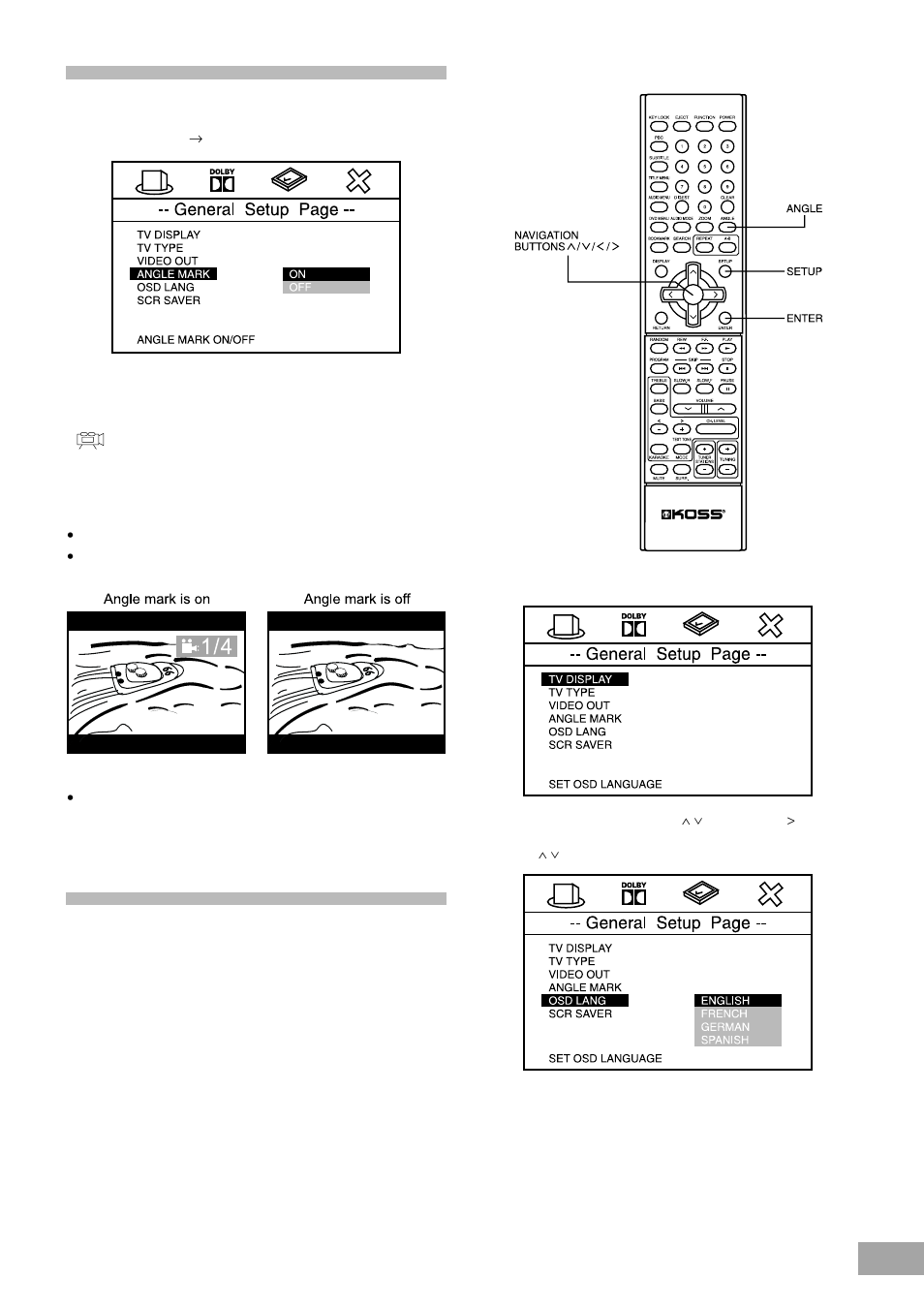 Selecting angle mark, Selecting the on screen display (osd) language | Koss KS4380-2 User Manual | Page 32 / 49