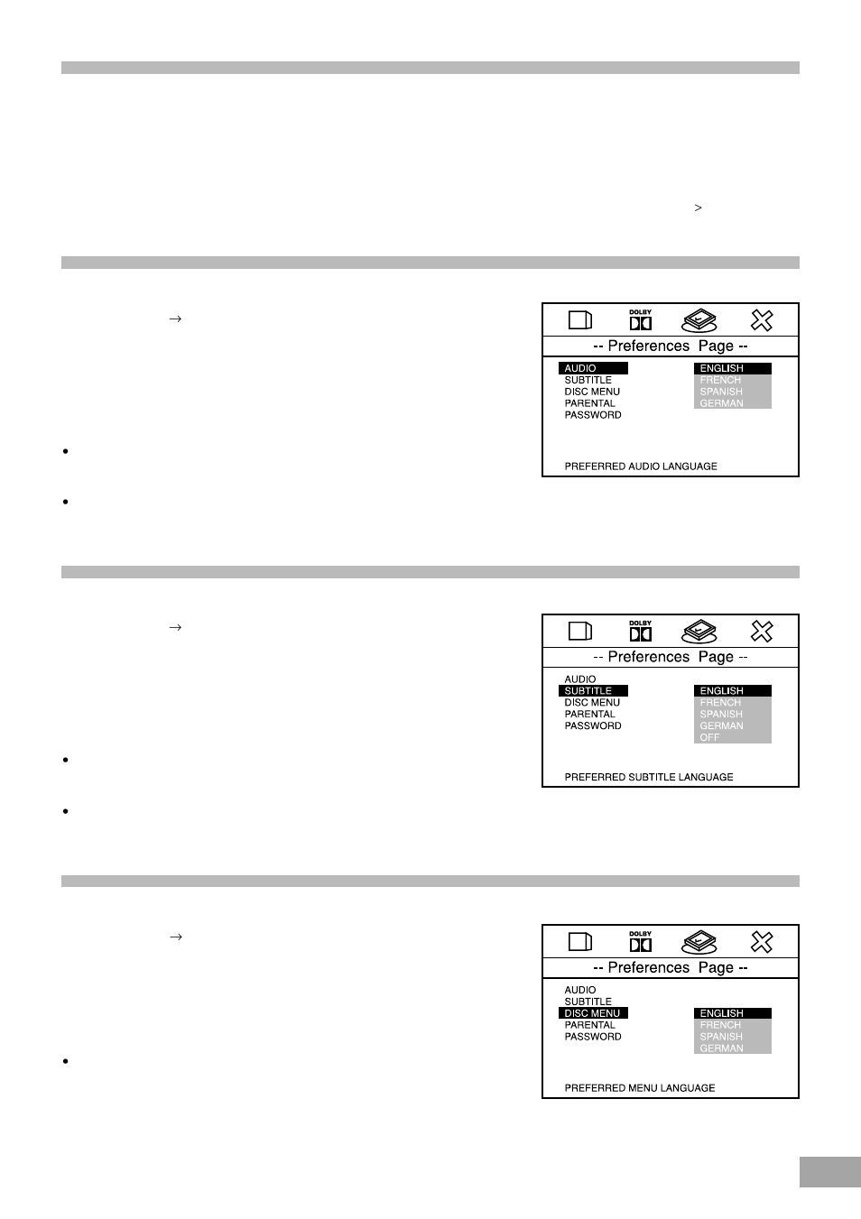 Preferences, Selecting the language for audio, Selecting the language for subtitles | Selecting the language for disc menus | Koss KS4380-2 User Manual | Page 34 / 49