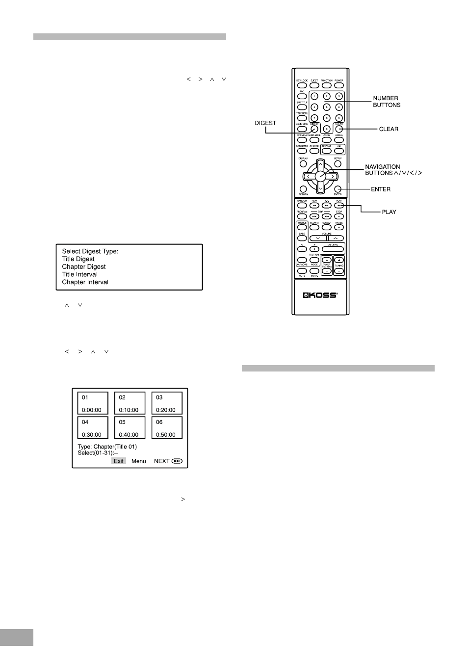 Digest/intro-scan function (for audio cds), Digest display (for movie dvds) | Koss KS4380-2 User Manual | Page 41 / 49