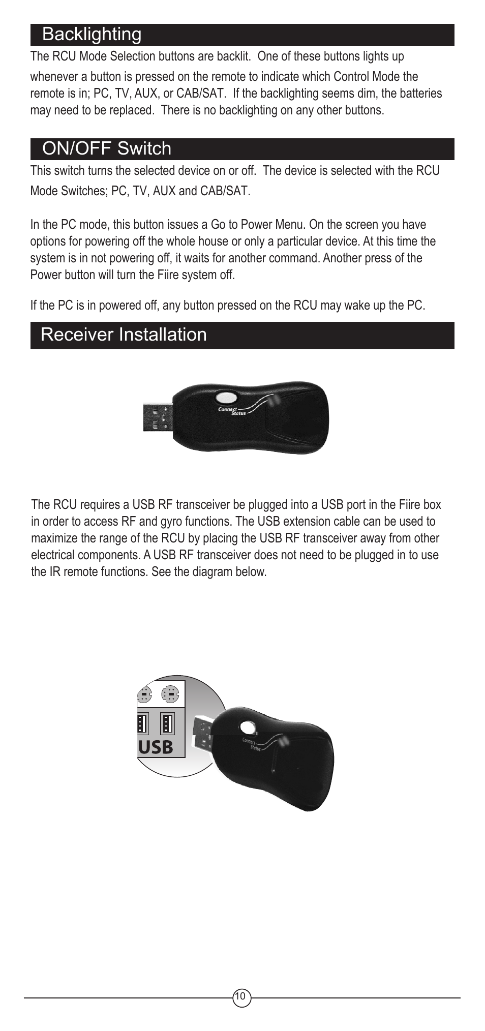 Backlighting, On/off switch, Receiver installation | Koss FIIRE REMOTE CONTROL UNIT User Manual | Page 10 / 20