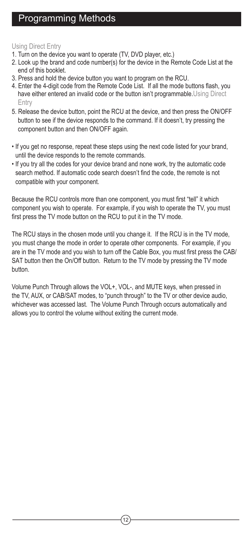 Learning, Programming methods | Koss FIIRE REMOTE CONTROL UNIT User Manual | Page 12 / 20