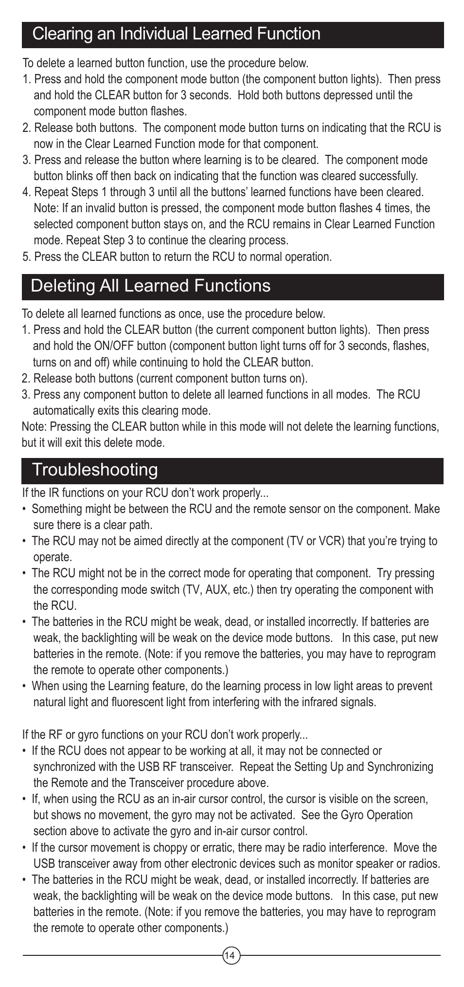 Deleting all learned functions, Troubleshooting, Clearing an individual learned function | Koss FIIRE REMOTE CONTROL UNIT User Manual | Page 14 / 20