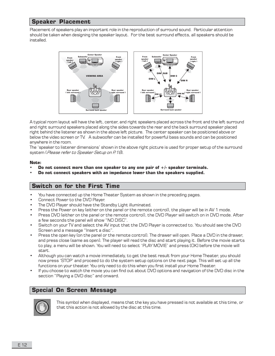 Special on screen message, Speaker placement switch on for the first time | Koss KS4192 User Manual | Page 13 / 40