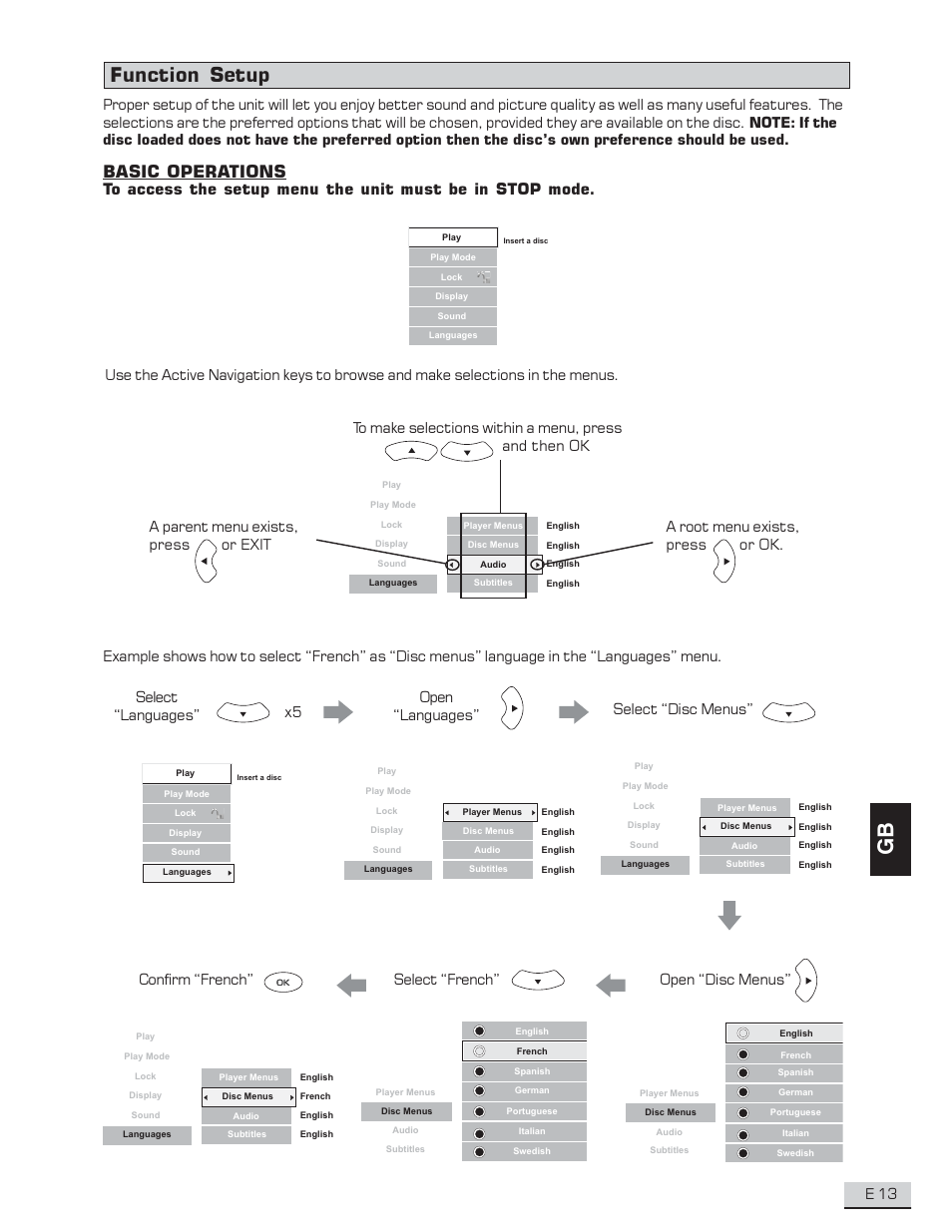 Function setup, Basic operations, E 13 | Select “french” open “disc menus” confirm “french | Koss KS4192 User Manual | Page 14 / 40