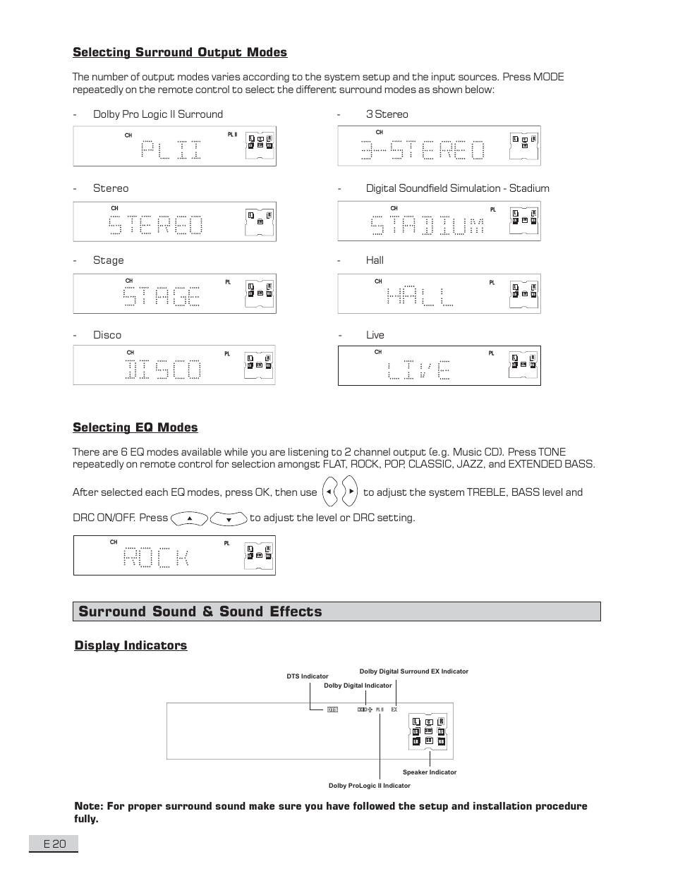 Surround sound & sound effects, Display indicators, Selecting surround output modes | Selecting eq modes, E 20, Stage - hall - disco - live | Koss KS4192 User Manual | Page 21 / 40