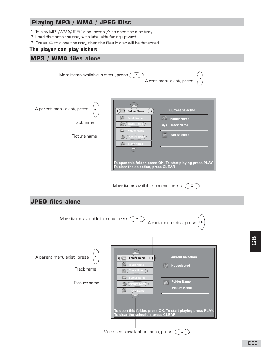 Playing mp3 / wma / jpeg disc, Mp3 / wma files alone jpeg files alone, The player can play either | Koss KS4192 User Manual | Page 34 / 40