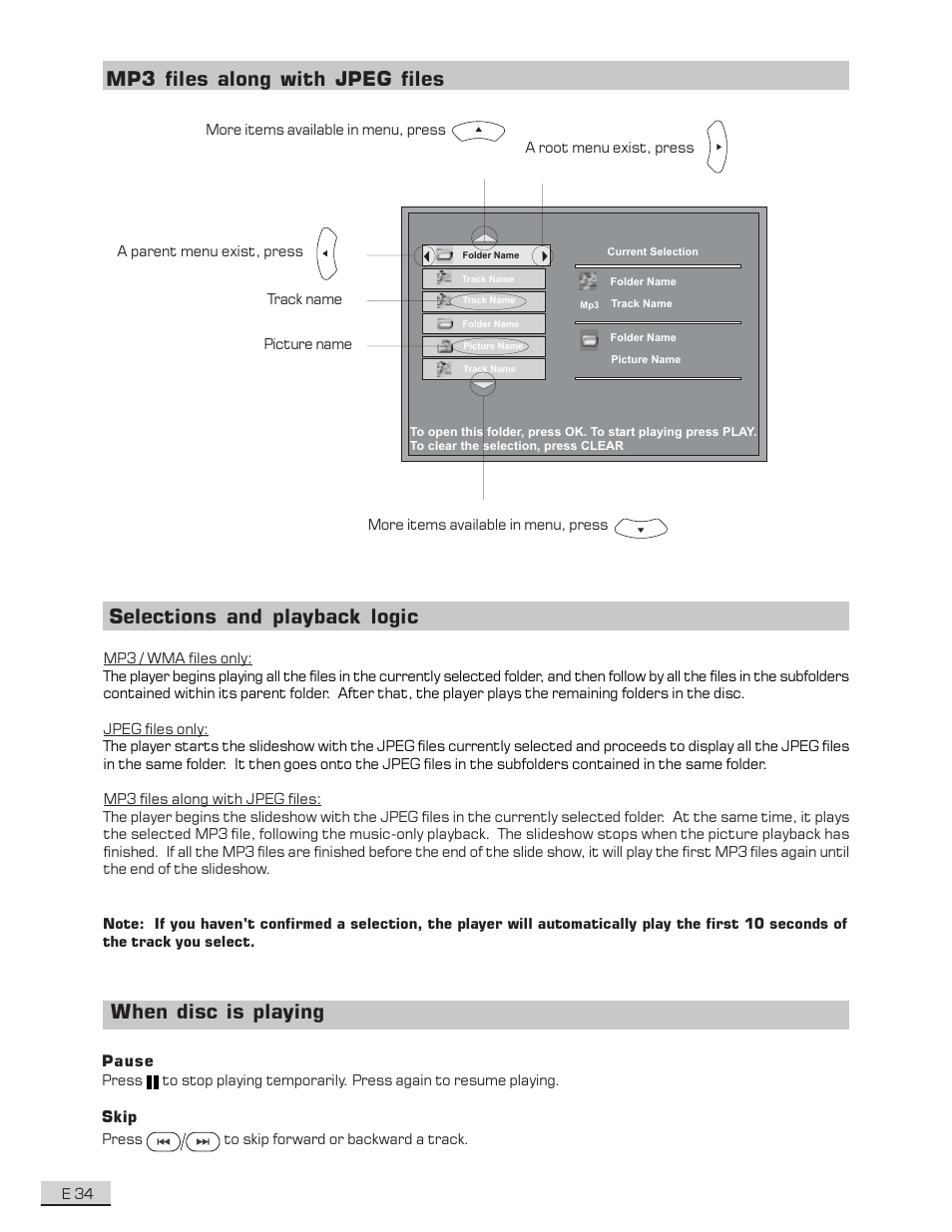 Mp3 files along with jpeg files, Selections and playback logic, When disc is playing | Koss KS4192 User Manual | Page 35 / 40