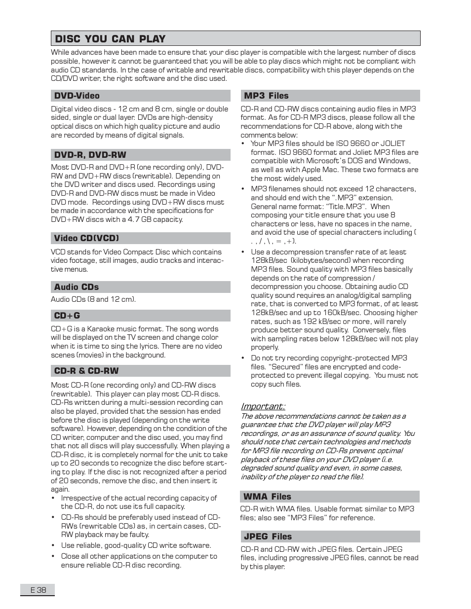 Disc you can play | Koss KS4192 User Manual | Page 39 / 40