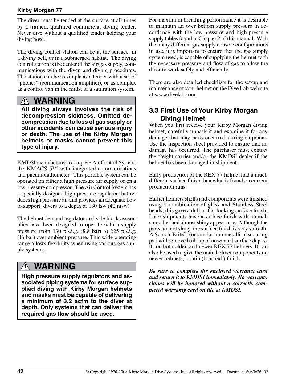Warning | Kirby Morgan 77 User Manual | Page 2 / 22