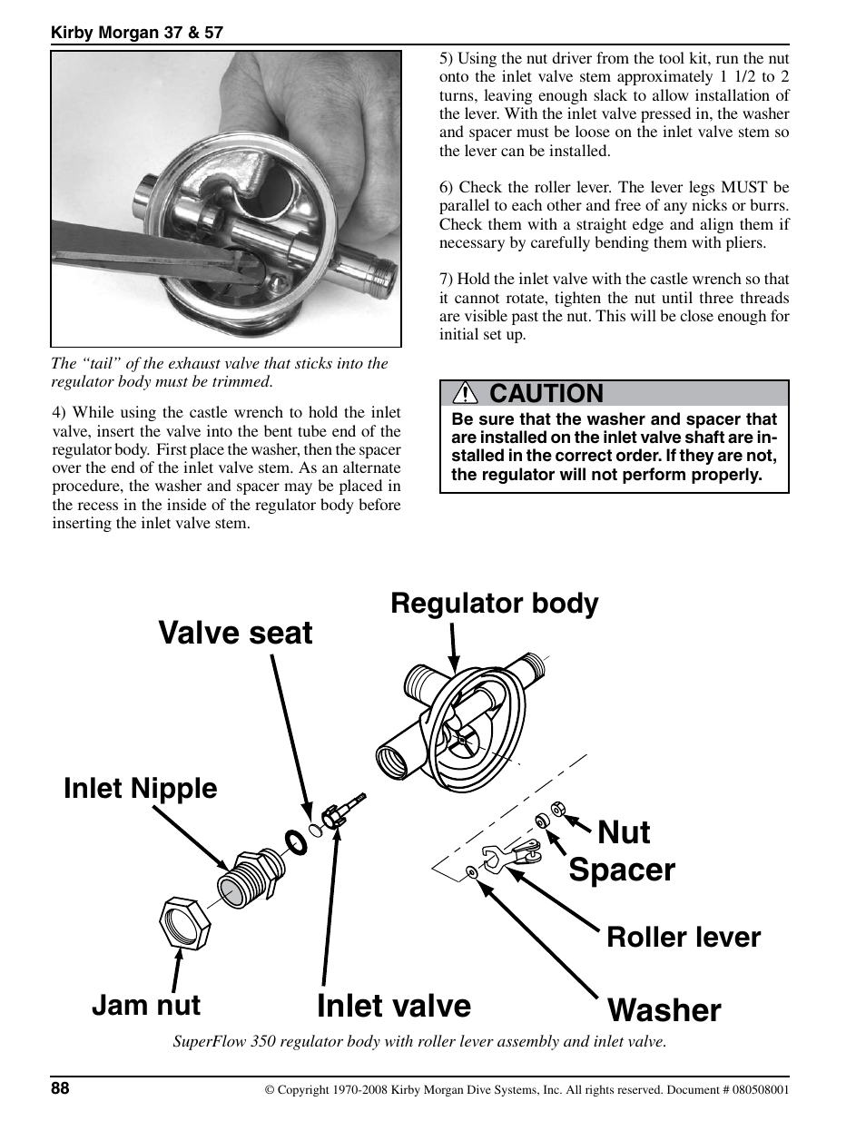 Nut spacer washer inlet valve valve seat, Jam nut inlet nipple regulator body roller lever, Caution | Kirby Morgan 37 User Manual | Page 21 / 50