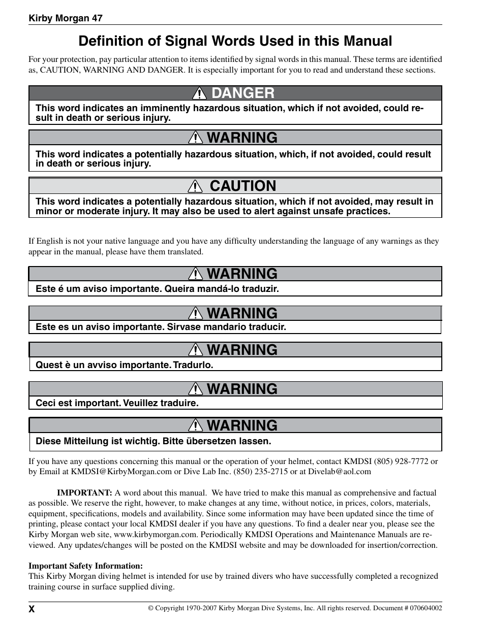 Caution, Danger, Definition of signal words used in this manual | Warning | Kirby Morgan 47 Helmet User Manual | Page 10 / 14