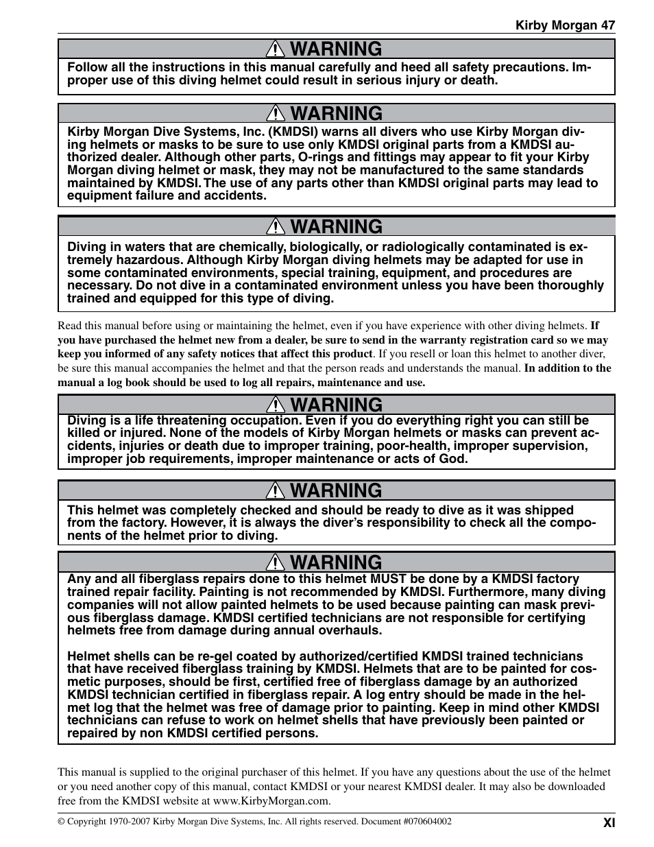Warning | Kirby Morgan 47 Helmet User Manual | Page 11 / 14