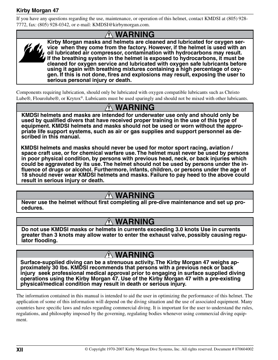 Warning | Kirby Morgan 47 Helmet User Manual | Page 12 / 14