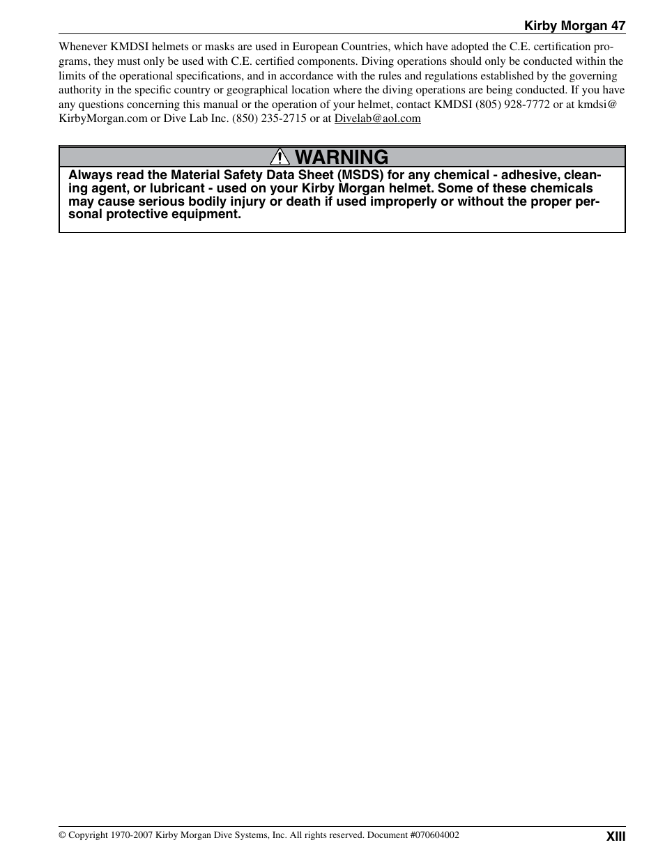 Warning | Kirby Morgan 47 Helmet User Manual | Page 13 / 14