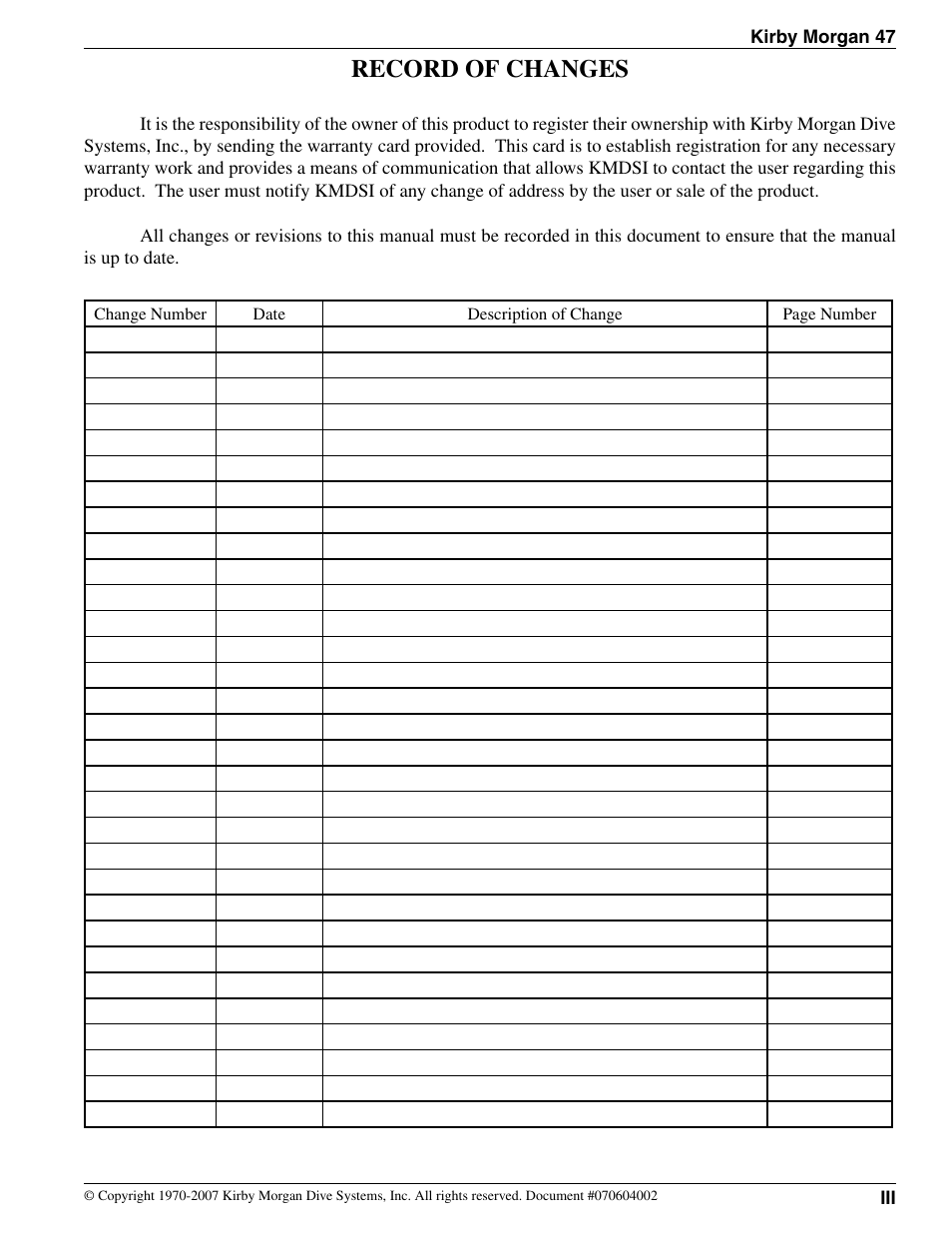 Record of changes | Kirby Morgan 47 Helmet User Manual | Page 3 / 14
