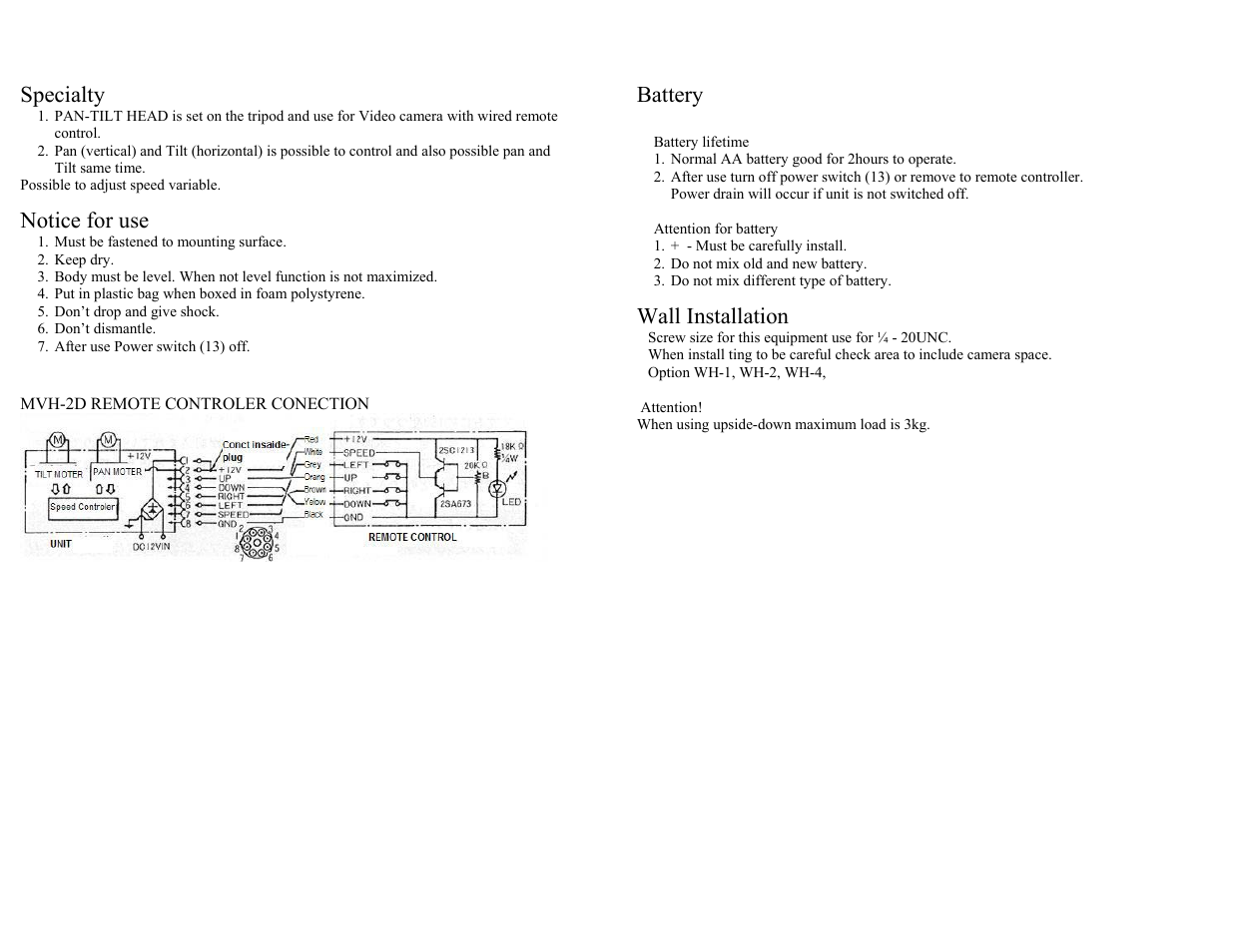 Specialty, Notice for use, Battery | Wall installation | Kenko INNOVATIVE STRONG PAN-TILT HEAD MVH-2D User Manual | Page 2 / 4