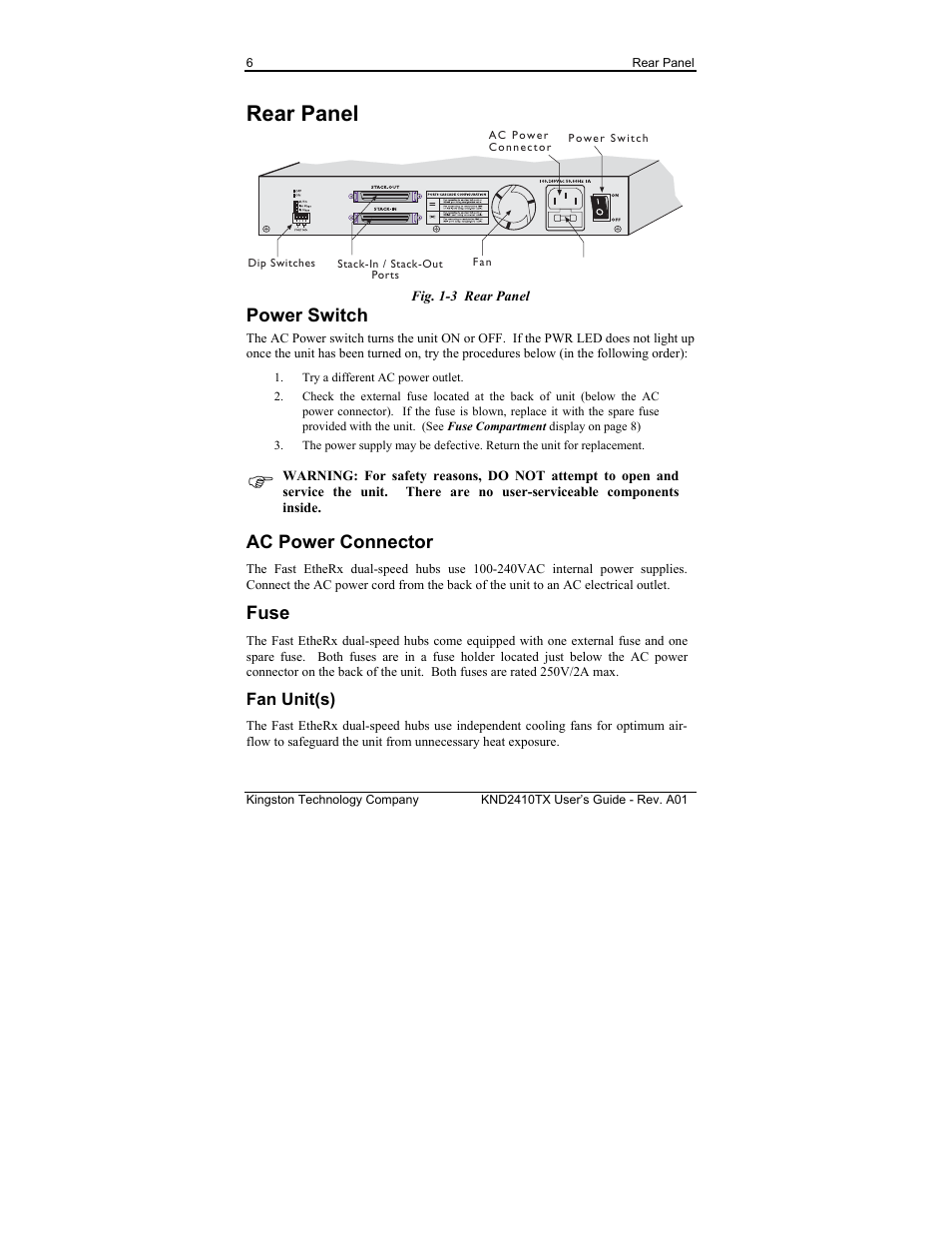 Rear panel, Power switch, Ac power connector | Fuse, Fan unit(s) | Kingston Technology KND2410TX User Manual | Page 12 / 25