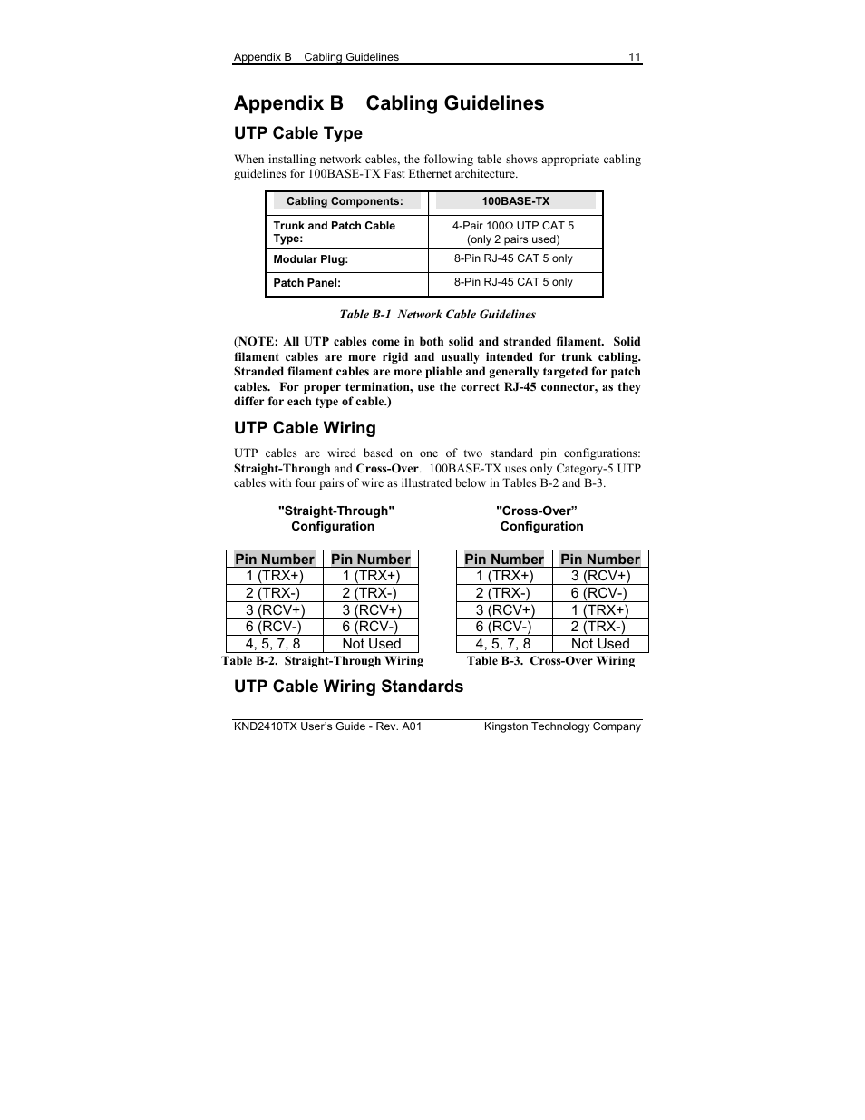 Appendix b cabling guidelines, Utp cable type, Utp cable wiring | Utp cable wiring standards | Kingston Technology KND2410TX User Manual | Page 17 / 25