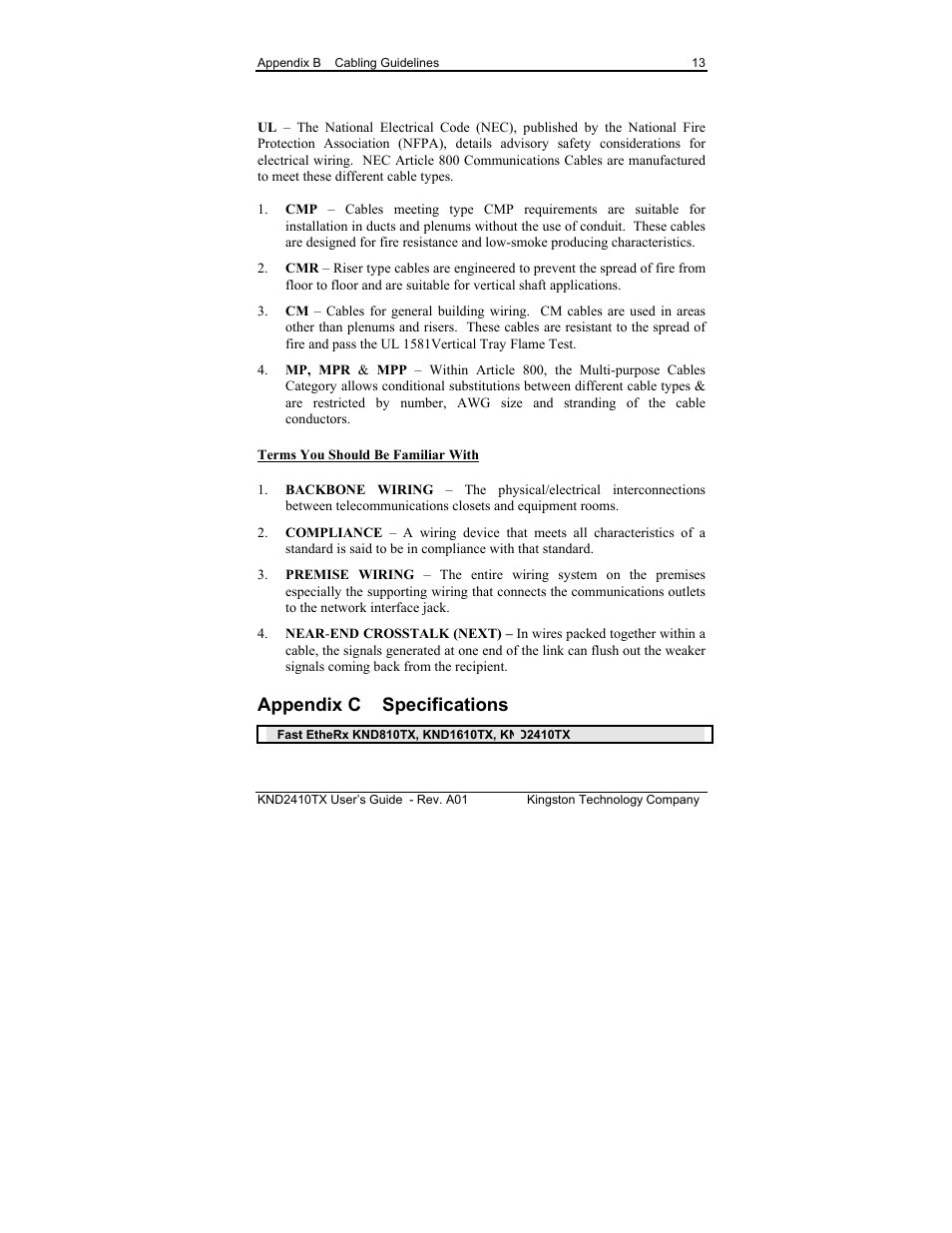 Appendix c specifications | Kingston Technology KND2410TX User Manual | Page 19 / 25