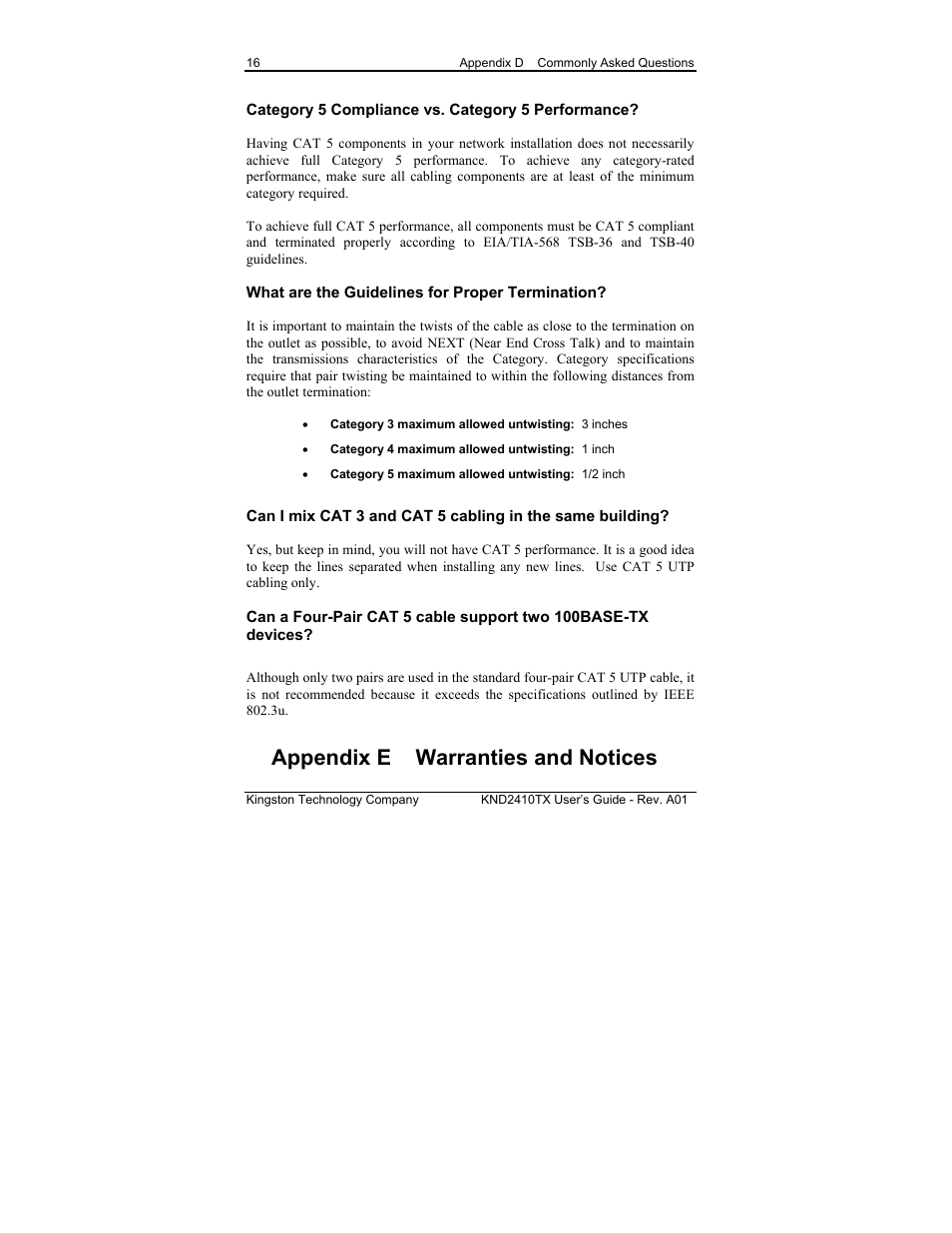 Appendix e warranties and notices | Kingston Technology KND2410TX User Manual | Page 22 / 25