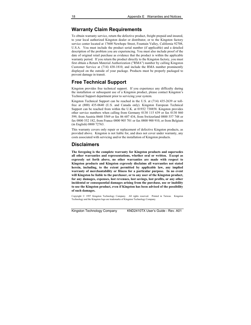 Warranty claim requirements, Free technical support, Disclaimers | Kingston Technology KND2410TX User Manual | Page 24 / 25